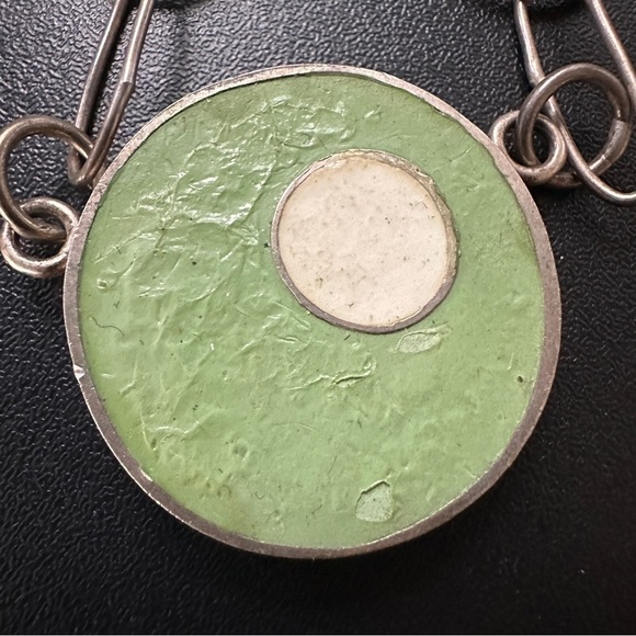Handmade & Signed Sterling Silver Large Green & White Circle Necklace Vintage - Picture 8 of 14